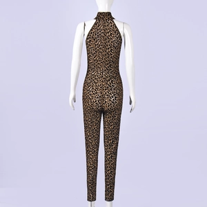 Detail of leopard print mesh catsuit showing the back halter neck and bodycon fit