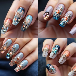 Macro shot of coffin-shaped nail art with blue-orange gradients and gold gemstone decor