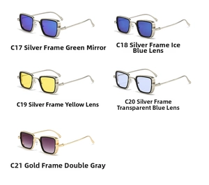 Detailed view of square metal sunglasses in gold and silver frames with colorful lenses