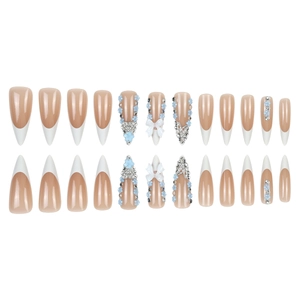 French blue flower long almond press-on nails with 3D rhinestones and white bows