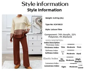 Detail view of striped beige and brown knit set showing fabric texture and fit information