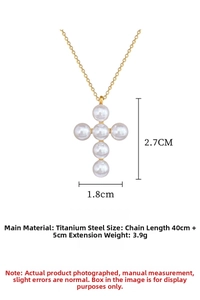Detailed specs of pearl cross necklace in titanium steel showing 1.8x2.7cm pendant size