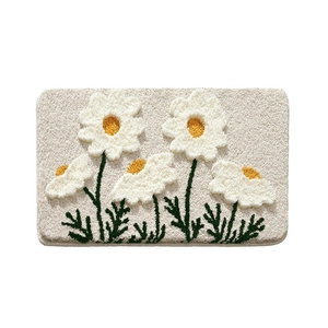 Forest-style 3D floral bath mat with green leaves and white daisies on soft beige plush