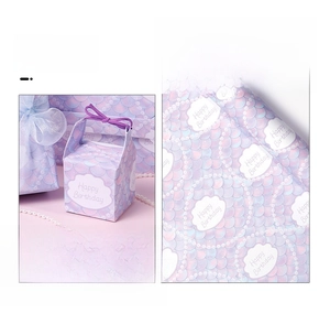 Detail of purple mermaid scale gift box with Happy Birthday text and silk ribbon