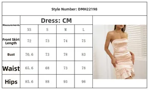 Size guide table for pink satin strapless ruched dress showing XS to L measurements