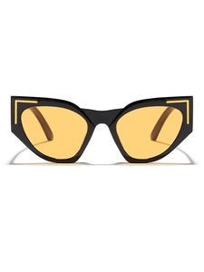 Detail of cat eye sunglasses featuring a black frame with yellow lenses and gold L accents