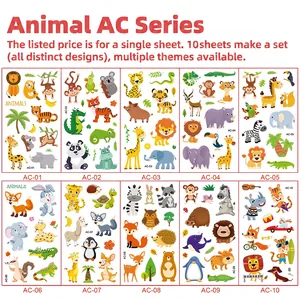 Set of 10 waterproof cartoon animal temporary tattoos for kids with colorful safari designs