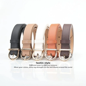 Detail showing fashion D-buckle leather belts in five colors with golden horse shoe buckles
