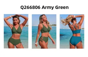 Army green ribbed bikini detail showing lace-up side cutouts and high waist cut