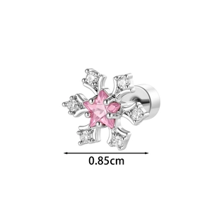Silver snowflake ear stud with pink star zircon and tiny diamonds, 0.85cm size detail