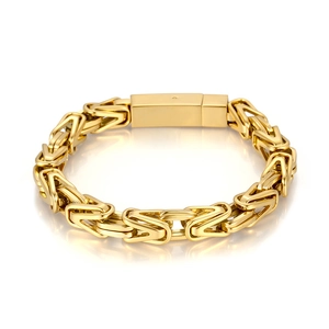 Byzantine style golden stainless steel bracelet with square clasp on white background