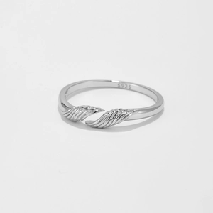 Polished S925 sterling silver open ring featuring detailed wing texture on a white background
