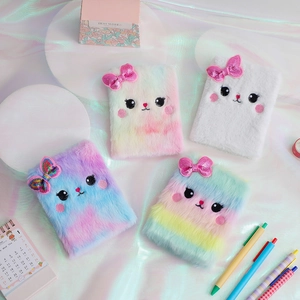Cute plush cat notebooks with bow ties in four pastel colors on iridescent fabric