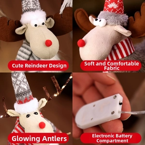 Detailed views of a plush Christmas reindeer featuring LED antlers and battery compartment