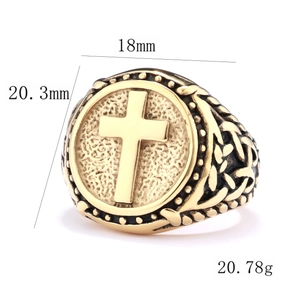 Close-up of golden vintage Orthodox cross ring showing 18mm width and woven side texture