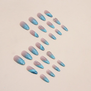 Almond almond blue glitter ombre fake nails with rhinestones set for women