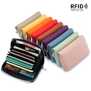 Macro view of multi-color RFID protected leather wallets with organized card slots