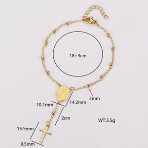Bracelet chapelet minimaliste en acier inoxydable 304 doré avec croix et pendentif
