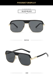Detail view of black aviator sunglasses with gold metal bridge and side frame accents