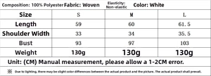 Detailed size chart for white layered ruffle top showing measurements in centimeters