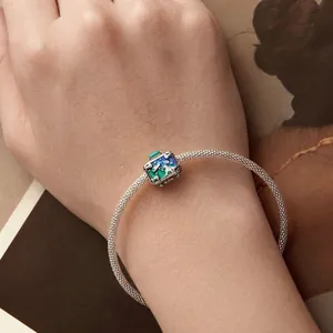 S925 sterling silver open bangle with square enamel bead featuring dreamlike night sky