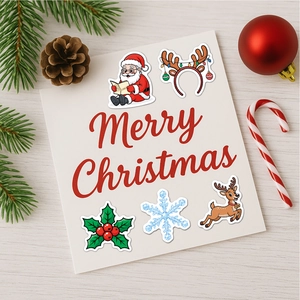 Flat lay of colorful Christmas vinyl stickers with festive Santa and reindeer patterns