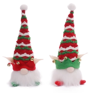 Pair of glowing Christmas gnome plush dolls with red and green hats and golden bells