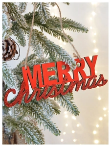 Detail of red Merry Christmas wooden ornament with gold glitter on a festive tree branch