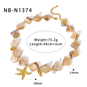 Detailed view of sea shell necklace with starfish pendants and dimensional specs