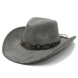Grey wide brim western cowboy hat with brown leather band and brass bull head ornament