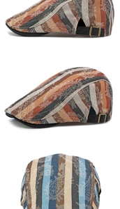 Detail view of cotton flat cap featuring striped and paisley patchwork with adjustable metal buckle