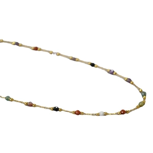 Retro colorful natural stone bead necklace with thin gold chain for women