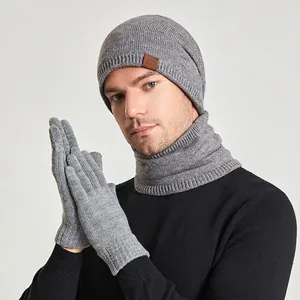 3-piece winter set with light grey knit hat, neck warmer, and gloves for cold protection