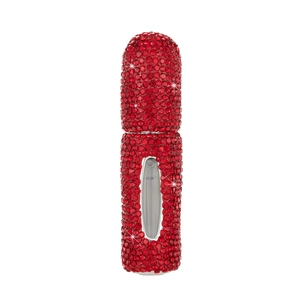 Detailed view of red rhinestone refillable perfume atomizer with oval window