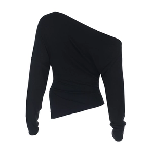 Detail of black one-shoulder long-sleeve top showing soft ribbed knit fabric and texture