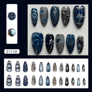 Dreamy dark star night press-on nails with 3D flower relief and celestial patterns