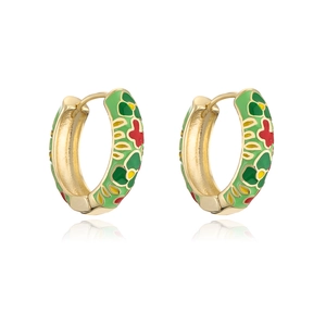 Detail of 18K gold-plated hoop earrings featuring colorful enamel floral patterns