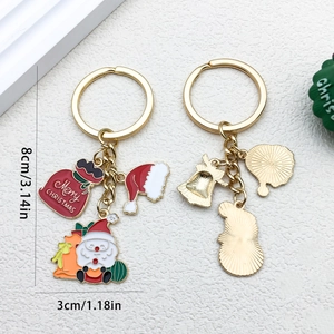 Cartoon Santa Claus and Merry Christmas bag keychain set with golden metal finish