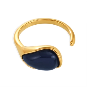 Titanium steel gold ring with oval blue resin stone and drop shape design for women