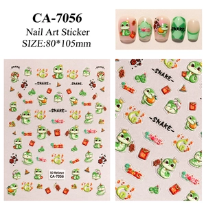Detailed macro view of 5D relievo nail art stickers with cute snake and 2025 motifs