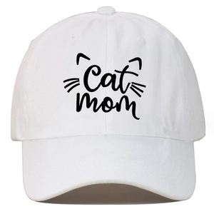 White cotton baseball cap featuring black Cat Mom embroidery and cat ear motif