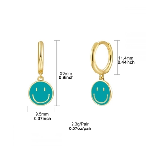 Blue smiling face drop earrings in gold finish with precise product size dimensions
