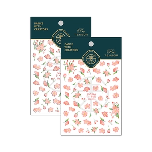 Thin cherry blossom nail stickers with watercolor flower designs in pink and green