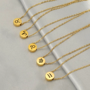 Zodiac Pendant Necklace 18K Gold Plated Stainless Steel Minimalist Round Astrology Sign Ins Style Women Men Unisex