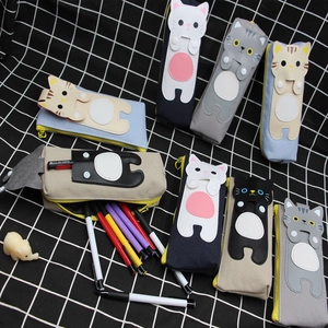 Cute cartoon cat canvas pencil cases in various colors with zipper and 3D kitten patches