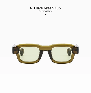 Detail view of rectangular sunglasses in translucent olive green acetate frame