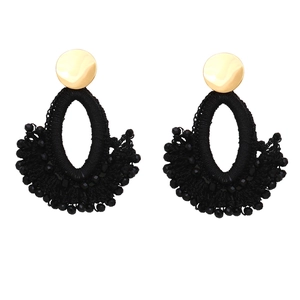Bohemian fan-shaped handmade beaded earrings with black tassels and gold metal studs