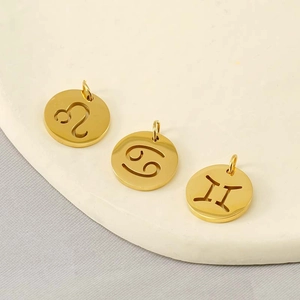 Zodiac Sign Pendant Round Hollow 18K Gold Plated 304 Stainless Steel Constellation Charms DIY Jewelry Making Accessories