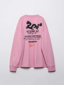 Rückansicht eines rosa Langarmshirts mit schwarzem Drachendruck und Textdetails