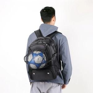 Black waterproof sports backpack with external mesh pocket for basketball and football